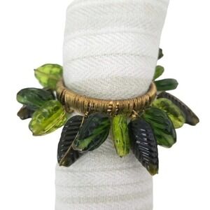SET OF 6 Crate & Barrel Green Beaded Leaves‎ & Gold Napkin Rings